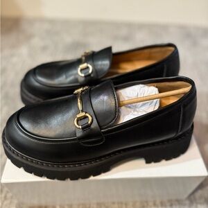 Woman platform Black Loafers with Gold Accent